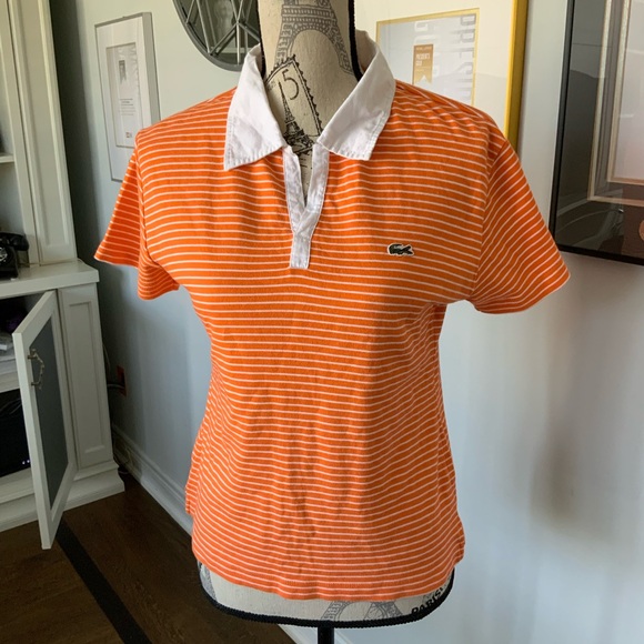 LACOSTE Striped Orange & White Polo Top Women’s Made in France Size Medium - Picture 7 of 11